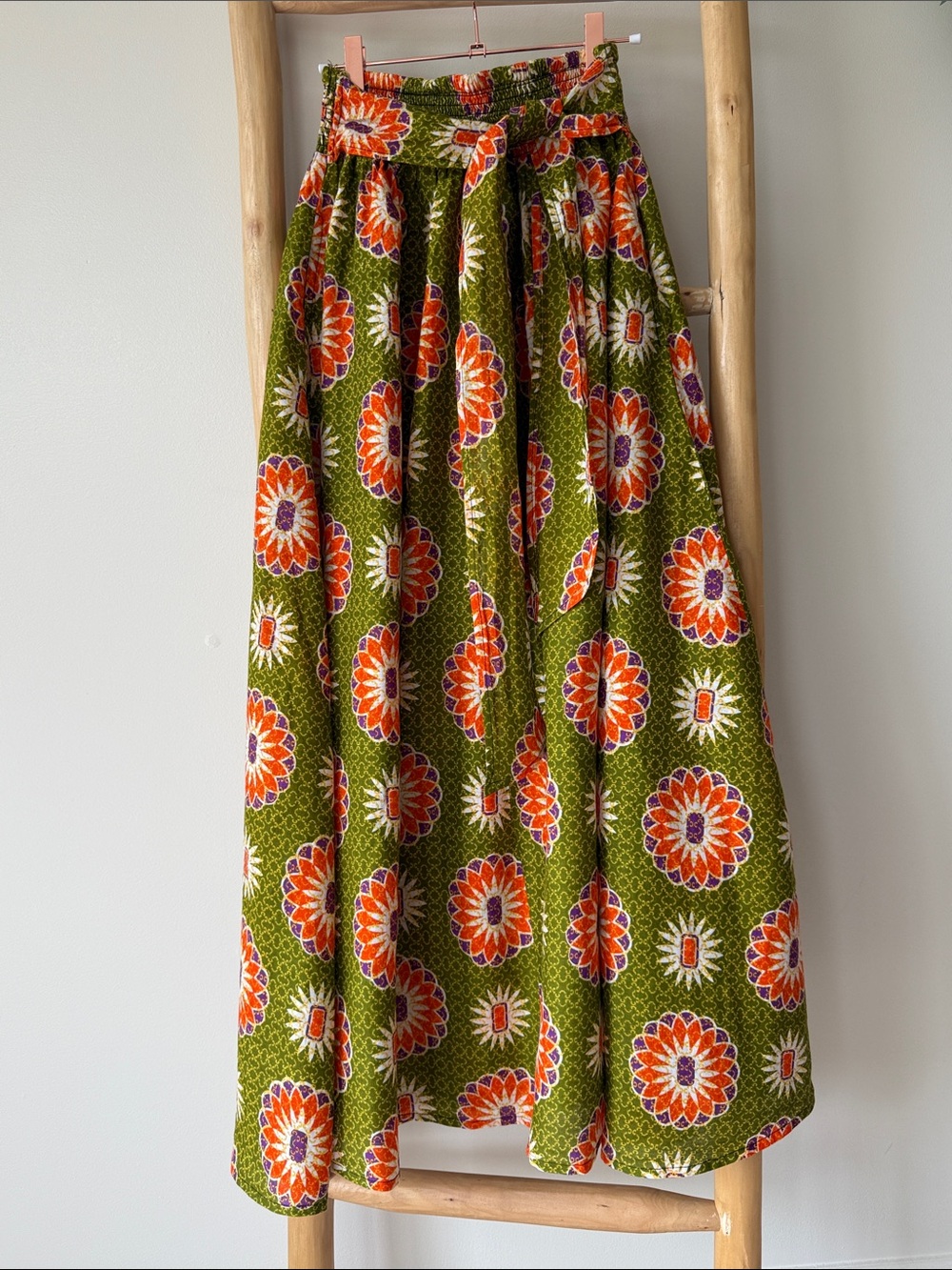 Jackpot Vintage Boho Print Green Orange Elasticized Waist Tie Belt Maxi Skirt OS